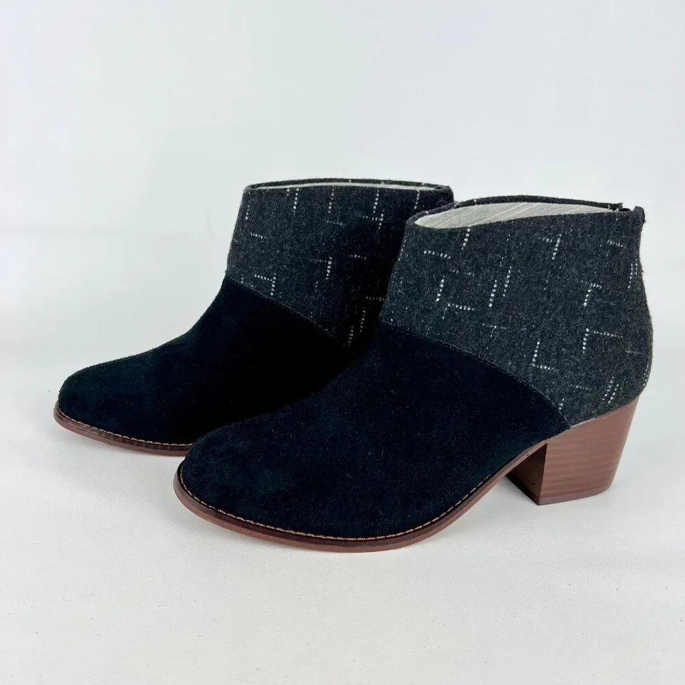 Toms Womens Leila Ankle Boot Black Suede Dotted Wool Back Zip Tassel size 8